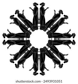 Round geometrical star shape ornament or mandala frame with standing ancient Greek women. Black and white silhouette.