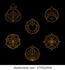 Round geometrical vector icons in ethnic style. Graphical elements with leaves, flowers, stars and moon. Clean ans simple ornaments for spiritual designs. 