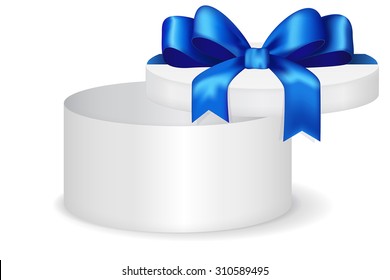 Round gift box with blue row. Open  Christmas gift for men. Vector isolated on white.