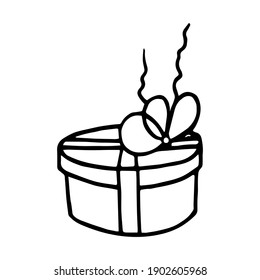 Caja de regalo redonda con un arco en el costado. Esquema de estilo Doodle. Ilustración vectorial.