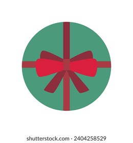 Round gift box with bow, top view. Modern flat vector illustration