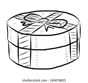 round gift box cartoon / black and white vector and illustration, hand drawn, sketch style, isolated on white background.