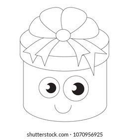 Round Gift Box funny cartoon. Outlined colorless illustration with thin line black stroke