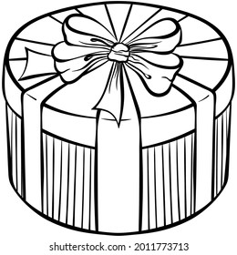 Round gift box. Hand drawn vector illustration with outline isolated on white background. Collection for the holiday. Applicable for coloring book, print, other design elements.