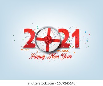 round Gift box happy New Year celebration 2021 with color confetti isolated, transparent effect. 3D Festive design for Holiday Christmas decoration Vector template
