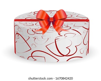 Round gift box with hearts pattern, ribbon and red bow on a white background