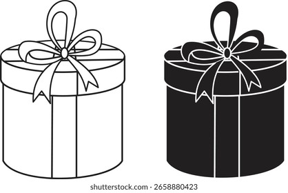 Icono redondo de la caja de regalo con el lazo atado de la cinta, contorno elegante del empaquetado para los cumpleaños, bodas o sorpresas con el fondo transparente