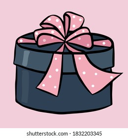 Caja de regalo redonda con un gran arco rosado. Objeto aislado en un fondo rosado. Icono de vector