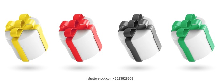 Round gift box mockups set isolated on white background. Vector realistic illustration of blank cylinder container decorated with color ribbon bows, holiday surprise, sale banner design elements