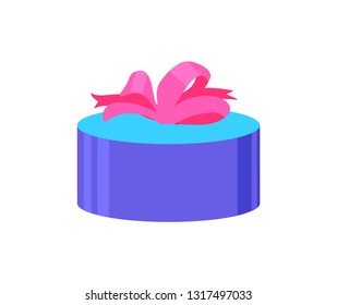 Round gift box with pink bow, wedding presents packaging in blue color. Vector giftbox with surprise, paperbox with satin tape, isolated icon on white