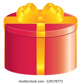 Round gift box of red color with golden bow on white background.