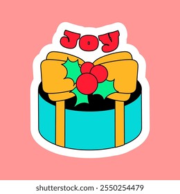 Round gift box tied with bow with inscription Joy. New Year velcro for decorating gift or card in style of 2000. Cartoon Y2K retro sticker on pink background