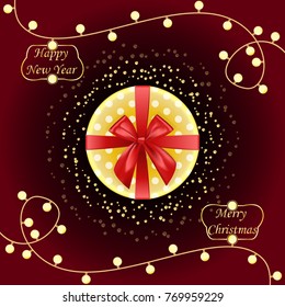 Round Gift box. Top view. Golden and red bow ribbons. Lamp bulb and bubbles. Merry Christmas, New Year, birthday, anniversary, holiday background.  Vector.