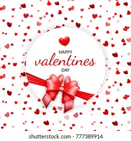 Round gift box top view Valentine's day. Satin ribbon bow love Valentine text design banner. Shimmer Valentines Day greeting card. Realistic confetti 3d red heart shape. Holiday vector illustration.