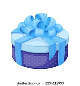 Round gift box vector illustration. Cartoon isolated paper package with circle blue hat and bow from silk ribbons, closed fashion cardboard cylinder box, container for surprise present on holidays