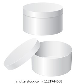 Round gift box. White blank open and closed containers. Vector 3d illustration isolated on white background