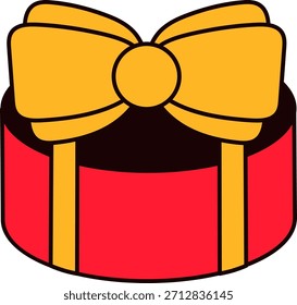 Round gift box wrapped in red gift paper tied with a fancy golden bow. New Year sticker or gift card in old style of 2000. Cartoon Y2K retro sticker on white background