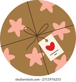 Caja de regalo redonda envuelta con hilo y patrón floral, atado con una etiqueta de corazón. Símbolo de celebración, sorpresa, gratitud, amor y entrega. Ilustración vectorial de dibujos animados.