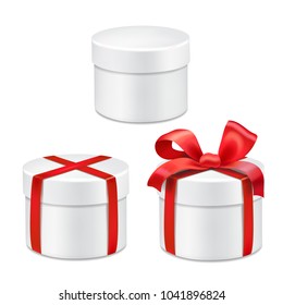 Round gift boxes with red bow Realistic vector 3d collection illustration