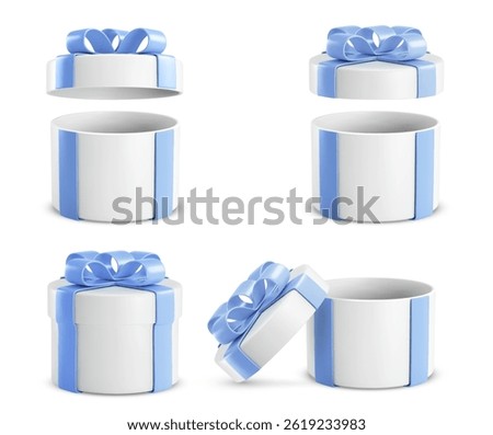Round gift boxes wrapped with vibrant blue ribbon and bow for festive presentation. Closed and open special birthdays or Father day present containers. Elegant pastel color holiday celebration pack.