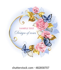 Round gilded banner with pink, delicate roses, blue butterflies, gold and blue leaves on a light background.