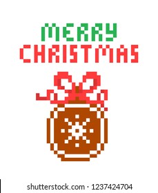 Round gingerbread Christmas tree ornament decorated with white sugar icing snowflake and red ribbon bow, 8 bit pixel art card isolated on white background.Sweet gift.Winter holiday  bauble shape treat