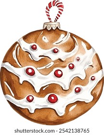 Round gingerbread cookie ornament with white icing details and red accents. Watercolor hand-painted illustration isolated on white background.