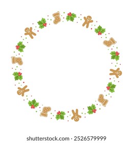 Round Gingerbread Cookies Frame Border, Christmas Winter Holiday Graphics. Homemade sweets pattern, card and social media post template on white background. Isolated vector illustration.