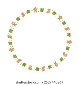 Round Gingerbread Cookies Frame Border, Christmas Winter Holiday Graphics. Homemade sweets pattern, card and social media post template on white background. Isolated vector illustration.