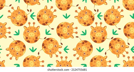 Round giraffe Seamless pattern. Vector Background with the faces of giraffe. Template for the packaging, baby textile.