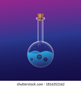 Round Glass Bottle with Blue Magic Potions. Realistic Detailed Vector illustration. Magenta, purple, blue, Multicolor background design. Halloween party decoration elements.