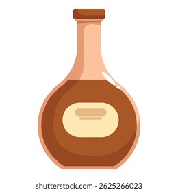 Frasco de vidro redondo contendo licor marrom é mostrado com um rótulo em branco, perfeito para mostrar sua marca de bebida