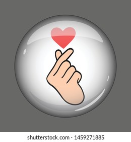 Round glass button (icon). Hand with fingers in heart shape. Isolated vector illustration.