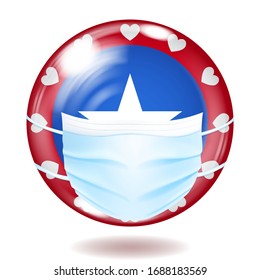 Botón de cristal redondo en los colores de la bandera de EE.UU. con una máscara desechable médica para la protección del coronavirus