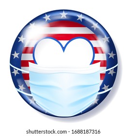 Round glass button in USA flag colors with a medical disposable mask for protection of coronavirus