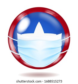 Round glass button in USA flag colors with a medical disposable mask for protection of coronavirus