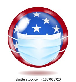 Round glass button in USA flag colors with a medical disposable mask for protection of coronavirus
