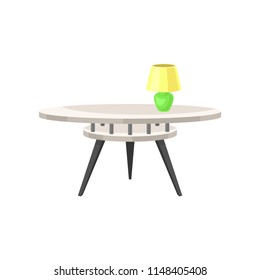 Round glass coffee table with lamp, living room furniture, interior design element vector Illustration on a white background