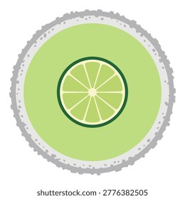 Round glass containing green lime juice cocktail with salted rim and fresh citrus slice garnish from above.
