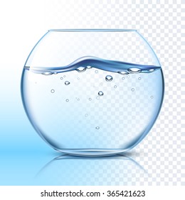 Round glass fishbowl with clean water wavy surface against grey checkered background and blue background vector illustration 
