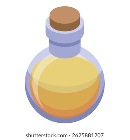 Round glass flask containing bright yellow liquid with cork stopper isometric icon illustration