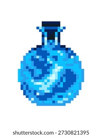 Round glass flask. Potion bottle in pixel art style. Shimmering light like fireflies. Cool aqua, pastel mint, cyan and deep blue. Glowing liquid. Vector icon for medieval-style fantasy RPG games. 