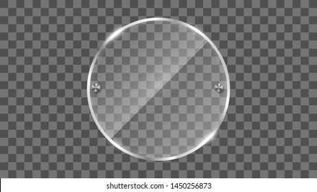 Round glass frame vector. Reflecting glass banner. Gloss round reflection 3d panel texture or clear window on transparent display background vector frame. Eps 10.