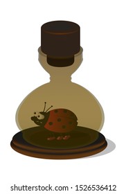 round glass laboratory container for storing experimental samples with a ladybug inside. Vector illustration. Isolate on a white background.