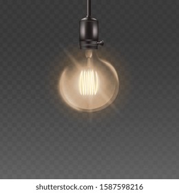 Round glass light bulb ceiling lamp with electricity, dome shape loft style lightbulb hanging from above with high energy bright zigzag wire, energy or idea symbol - isolated vector illustration