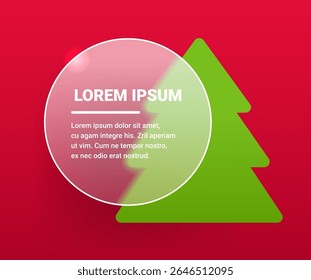 Round glass morphism label with Christmas tree on red background. Vector badge template