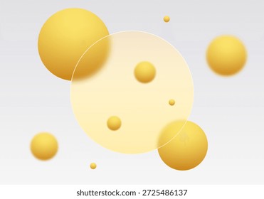 Round glass morphism panel with golden 3D spheres on a light background. Eps 10