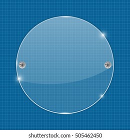 Round glass plate on blueprint background. Vector illustration