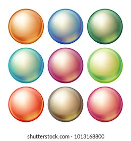 Round Glass Sphere Vector. Set Opaque  Multicolored Spheres With Glares, Shadows. Isolated Realistic Illustration