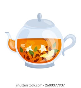 Round glass teapot with tea on white background. Vector illustration on white background.